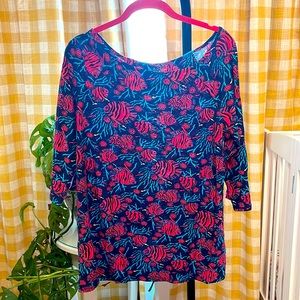 Lilly Pulitzer Boat Neck 3/4 Sleeve Cotton Top Shirt Blouse Fish Print Women XL